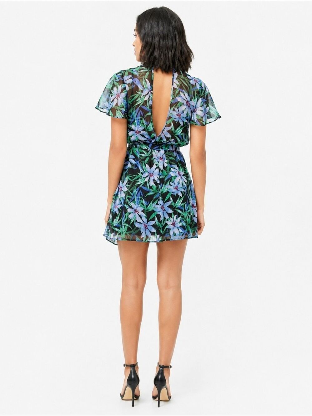Forever 21 Sheer Floral Mock Neck Open Back Tie Waist Mini Dress - Picture 3 of 15